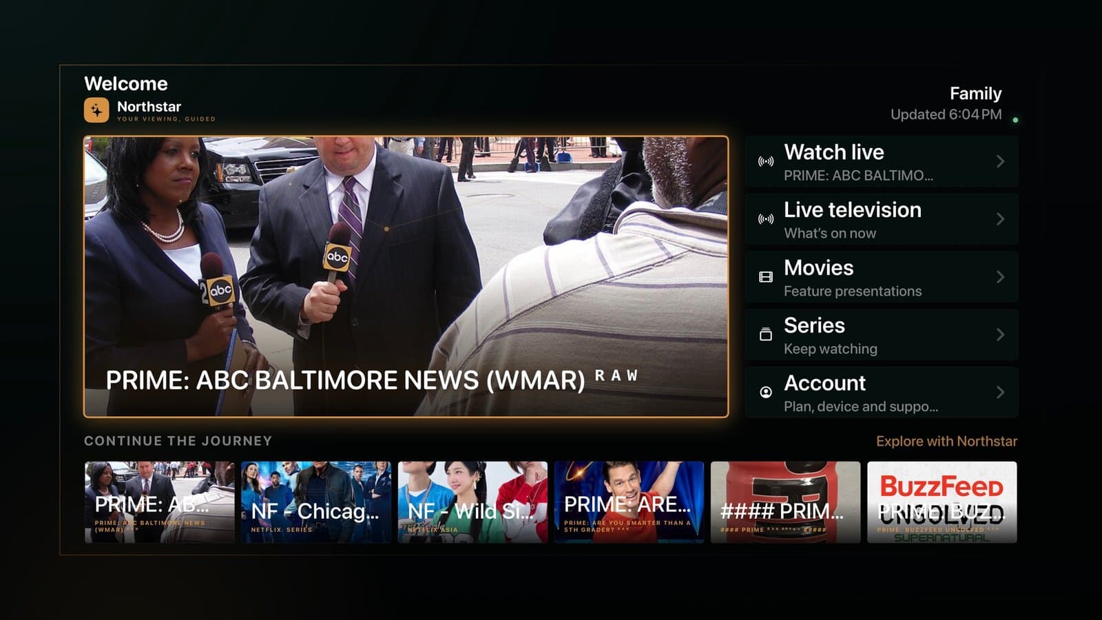 Northstar tvOS home guide with a featured live program, live television, movies, series, account details and recent viewing